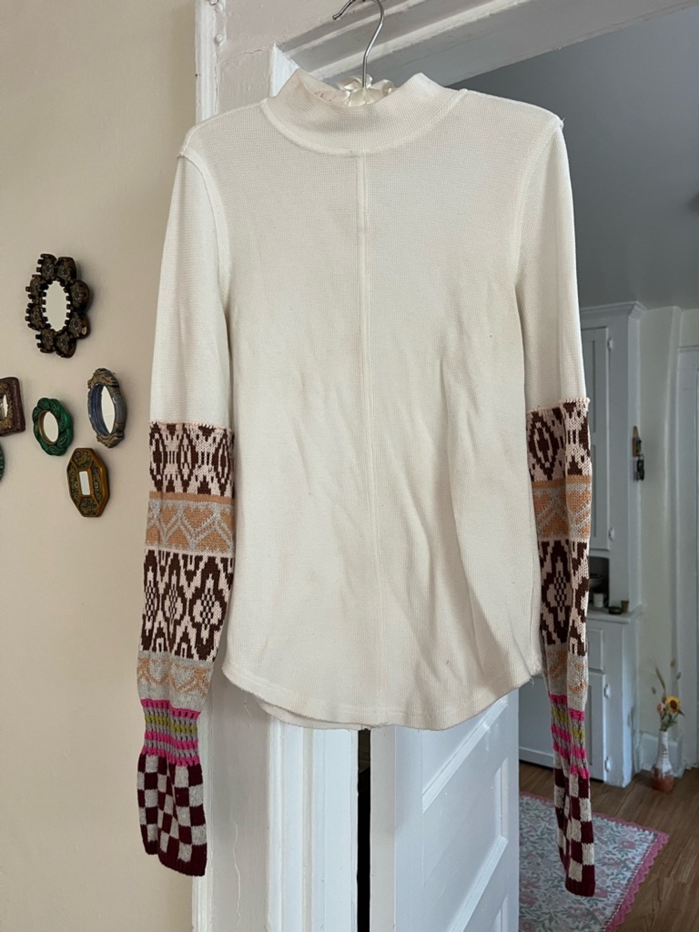 Free People Cream Knit Top with Patterned Colorblock Sleeves